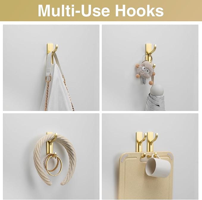 pickpiff Adhesive Wall Coat Hooks - Heavy Duty Stick-On Door Hanger, Metal Hook for Hanging Towel,Purse, Robe, Backpack, Jacket, Clothes - for Bathroom,Dorm, Closet, Kitchen - Gold, 10 Pack