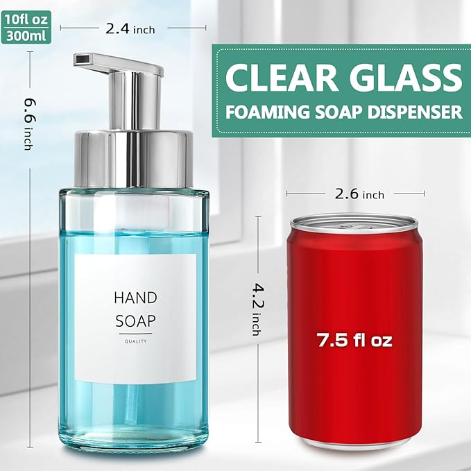 Glass Soap Dispenser, 10 oz/300ml Foaming Soap Dispenser, 4 Pack Foaming Hand Dispenser for Bathroom & Kitchen, Clear Refillable Foam Soap Bottle with Silver Pump