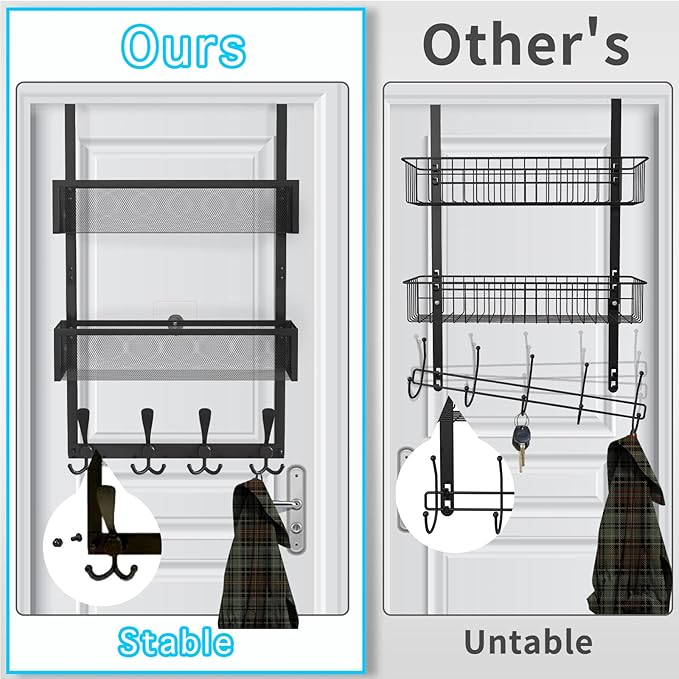 Kaiferty Over The Door Hooks Organizer,Coat Rack with 12 Hooks and 2 Mesh Baskets,Back of Door Storage Organizer for Bathroom,Bedroom,Kitchen,Office(Black)
