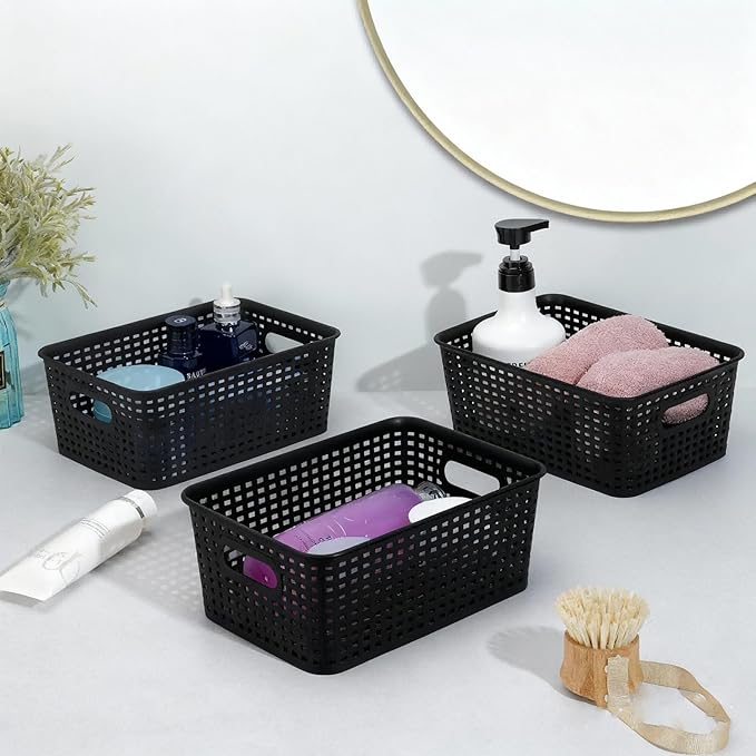 AREYZIN Plastic Storage Baskets Set of 6 Sturdy Small Organizer Bins Storage Baskets for Shelves,Closet,Countertops, Desktops, Cabinets and Badrooms,Black