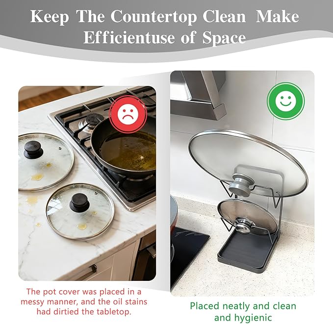 OJJ 2026 Upgraded 304 Stainless Steel Pot Lid Holder While Cooking, Kitchen Pot Lid Storage Rack for stove top, Multifunctional Kitchen Pot Lid Organizer for Countertop(Double Layer-Gray)