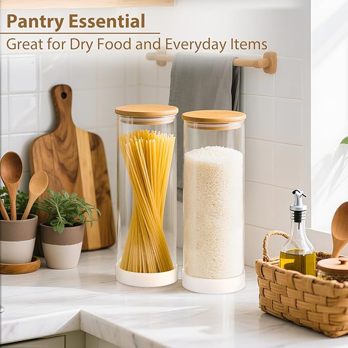 73oz Glass Spaghetti Pasta Containers for Pantry Organization, 3-Pack Large Airtight Food Jars with Bamboo Lids and Non-Slip Silicone Bases, Clear Storage Canisters for Flour, Cereal, Rice