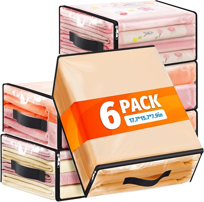 SpaceWhisper 6 Pack Clear Storage Bags, Plastic Blanket Storage Bags with Zipper and Handle, Moving Bags for Comforter, Bedding & Clothes, Closet Organizer and Under Bed Storage (17.7x15.7x7.9 Inch)