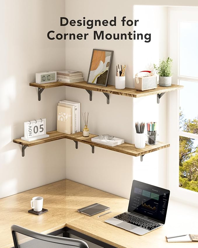 AMADA HOMEFURNISHING Corner Floating Shelves, Set of 4 Corner Shelf Wall Mounted, Shelves for Wall Decor, Corner Wood Shelf for Home Decor, Office, Bedroom, Bathroom, Laundry Room, Kitchen