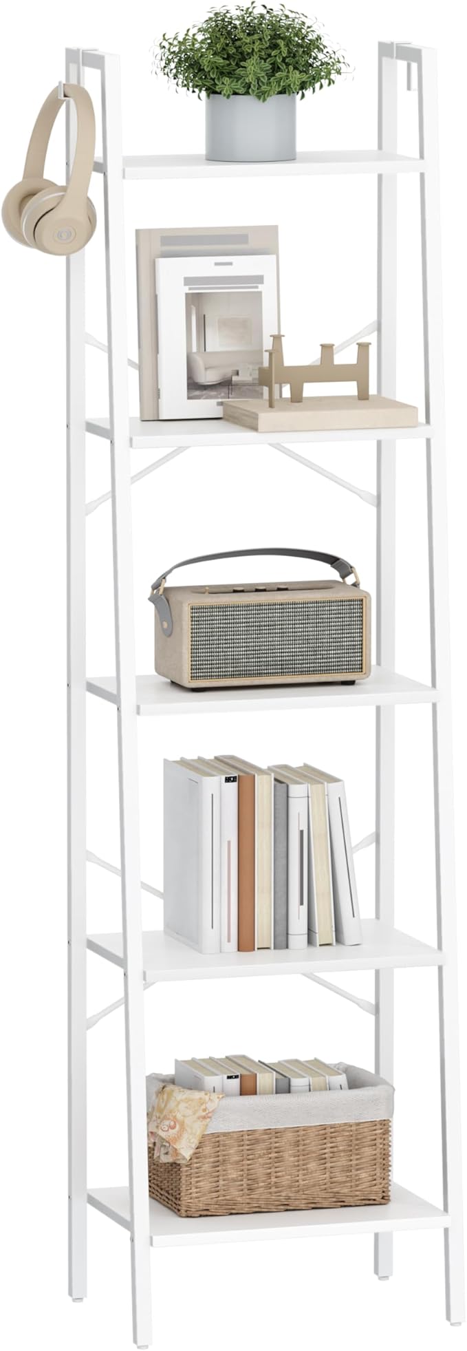 Ladder Shelf, Bookshelf Bookcase, Freestanding Corner Storage Shelve with 2 Hooks for Home Office, Living Room, Kitchen, Bedroom, Industrial, 11.8" D x 17.3" W x 63" H, White BC19213W