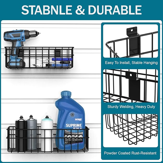 4 Pack Large Size Slatwall Baskets Set, Ventilated Metal Hanging Storage Slat Wall Basket, Mounted Slatwall Accessories for Garage Storage Organizing Display on Slatwall Panels bins (Black)