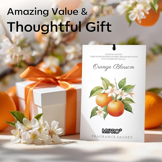 MYARO 12 Packs Orange Blossom Scent Sachets for Closet Home Long Lasting Shoe Odor Deodorizer Bathroom Car Air Frehener
