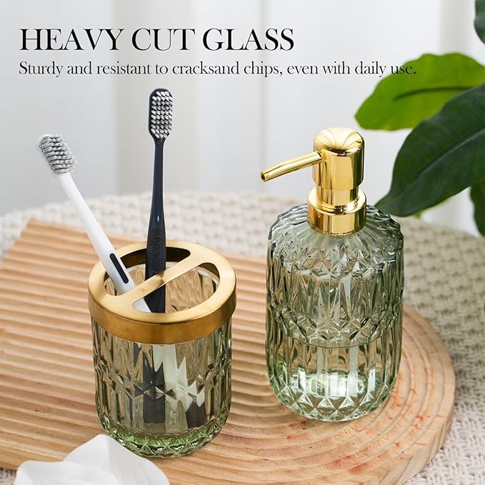 Glass Bathroom Accessories Set, 2PCS Clear Glass Bathroom Accessory, Toothbrush Holder and Soap Dispenser Set for Modern Bathroom Decor(Green)