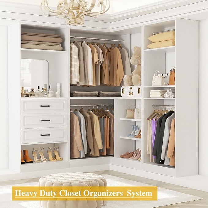 Unikito Closet System with Drawers，86” Modular Corner Closet Organizer System with Mirror，Freestanding Wood Wardrobe Organizer with Hanging Rods & Adjustable Shelves, Walk in Closet Tower, White
