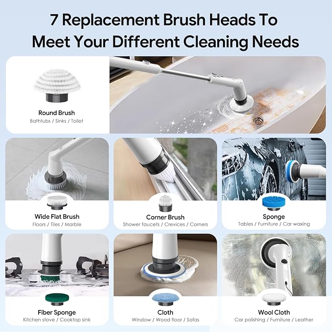 Sorpci Electric Spin Scrubber, 2025 New Cordless Cleaning Brush, Shower Cleaning Brush with 7 Replaceable Brush Heads, Power Scrubber 3 Adjustable Speeds, Detachable Long Handle & IPX7 Waterproof