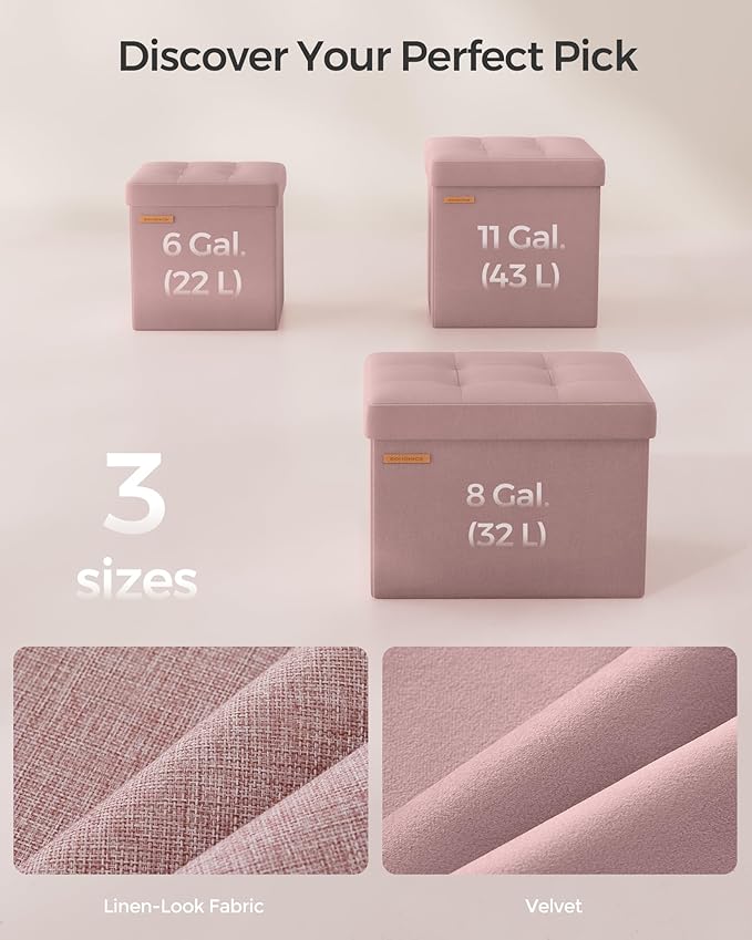 SONGMICS Storage Ottoman, Foldable Small Ottoman Foot Rest, 11.8 Inches Foot Stool, Cube Ottoman with Storage, Load up to 286 lb, for Living Room, Bedroom, Dorm, Jelly Pink ULSF028R01