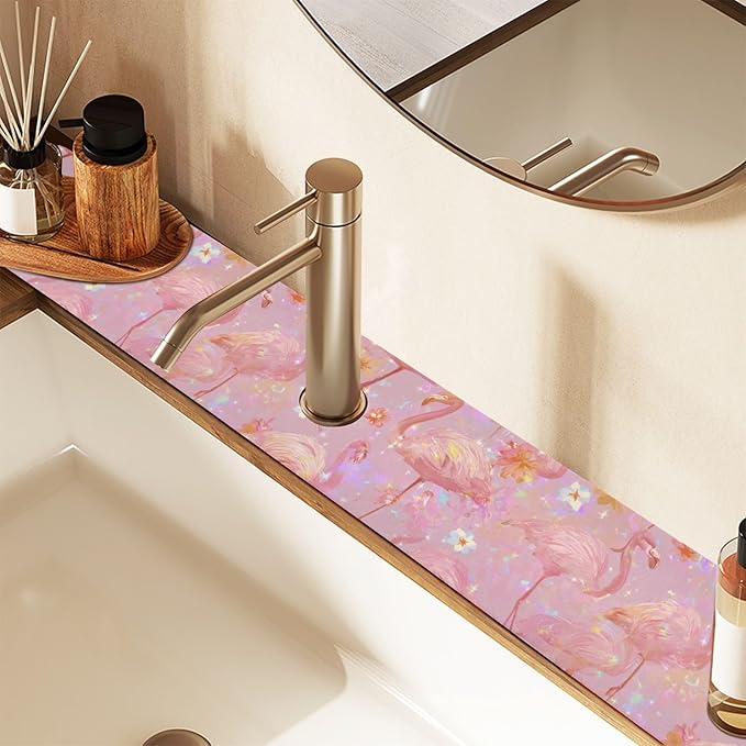 Kitchen Sink Splash Guard 1 PC 30 Inch Sink Faucet Mat Splash Guard for Bathroom Countertop Water Absorbent Foldable Cuttable Soft Washable Pink Gradient Flamingo and Petals