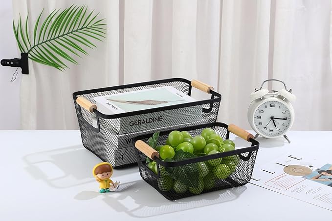 2 Pack Metal Mesh Steel Basket, Small Wire Storage Organizer Basket Multi-function Hanging Kitchen Basket Fruit Baskets with Wood Handle for Kitchen Picnic Cabinet Home Decor, Rectangle-Black