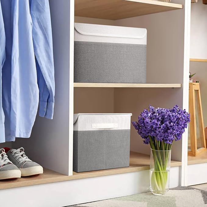 Large 17" 42 Quarts Collapsible Stackable Storage Bins with Lids [3-Pack] Foldable Fabric Linen Storage Boxes Cube, Closet Organizer Baskets with Label (16.7 x 12 x 12, Gray & White)