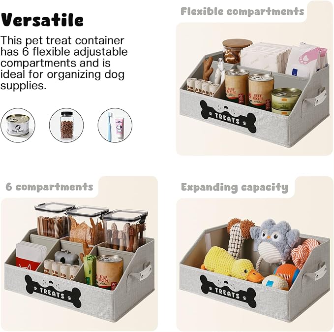 Dog Treat Container, Dogs Storage Organizer with Removable Dividers, Collapsible Dogs Treat Holder for Countertop, Trapezoid Pet Treats Containers, Dog Toy Basket with PU Handles, Medium, Gray