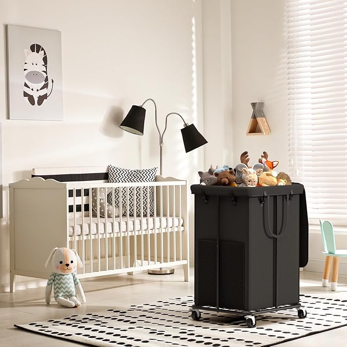Large Laundry Hampers with Lid, Oxford Fabric Laundry Hampers, Metal Frame and Removable Bag Design with Wheels, Suitable for Bedroom, Bathroom, Dorm Room, Laundry Room (Black with Lid)