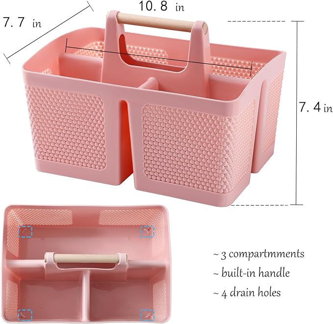 rejomiik Portable Shower Caddy Basket Plastic Cleaning Caddy Organizer Storage Tote with Handle for Bathroom, College, Dorm Room Essentials, Pink
