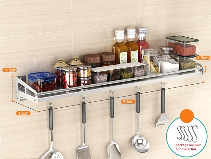 Wall Mount Metal Wall Shelf Kitchen Spice Condiment Racks 304 Stainless Steel fit Storage Rack Bedroom Bathroom Living Room Shelves (Length31.5 width5.9)