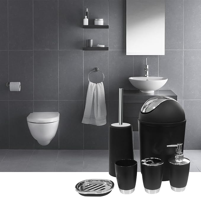 Bathroom Accessories Set, 6-Piece Plastic Gift Set, Toothbrush Holder, Toothbrush Cup, Soap Dispenser, Soap Dish, Toilet Brush Holder, Trash Can (Black)