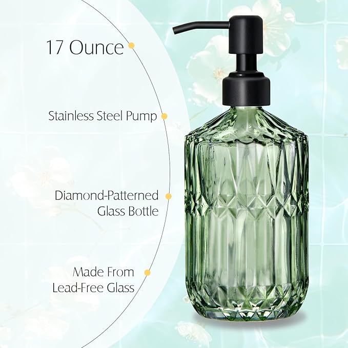 17 Oz Green Glass Kitchen Soap Dispenser for Dish Soap, 2 Pack Bathroom Soap Dispenser Set with Black Rust Proof Pump for Lotion, Hand soap or Body Wash