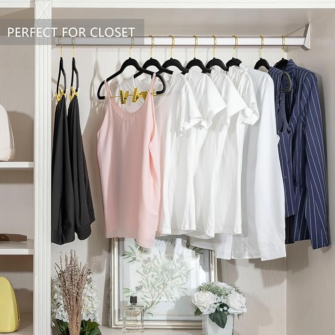 MIZGI Premium Velvet Pants Hangers with Adjustable Clips (Pack of 20) Slim Skirt Hangers- Non Slip Felt Outfit Dress Hangers Black - Gold Hooks,Space Saving Shirt Clothes Hangers