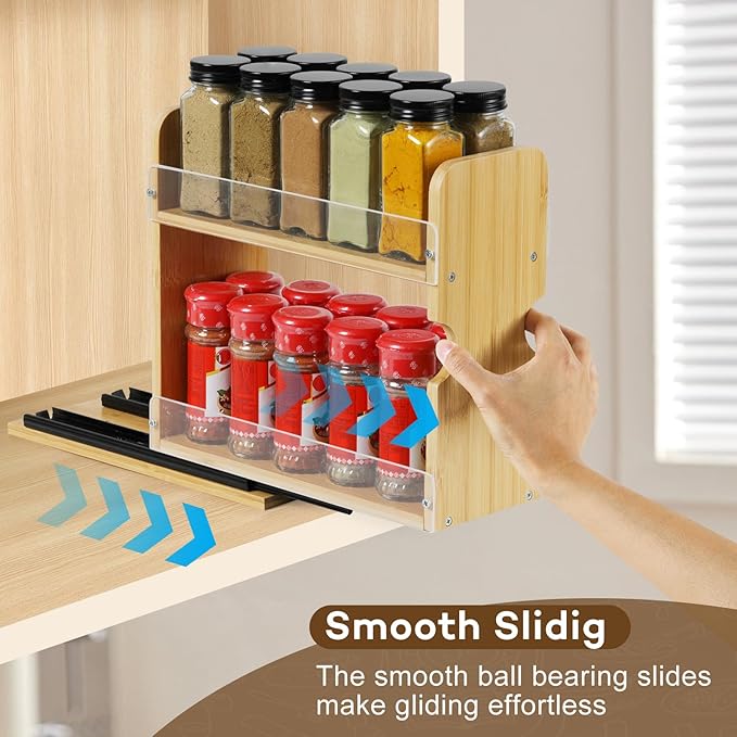 2 Tier Pull Out Spice Rack Organizer, Bamboo Sliding Spice Rack for Kitchen Cabinet, (4.4" W x 10.6" D x 10.4" H) Spice Storage, Pantry Organization