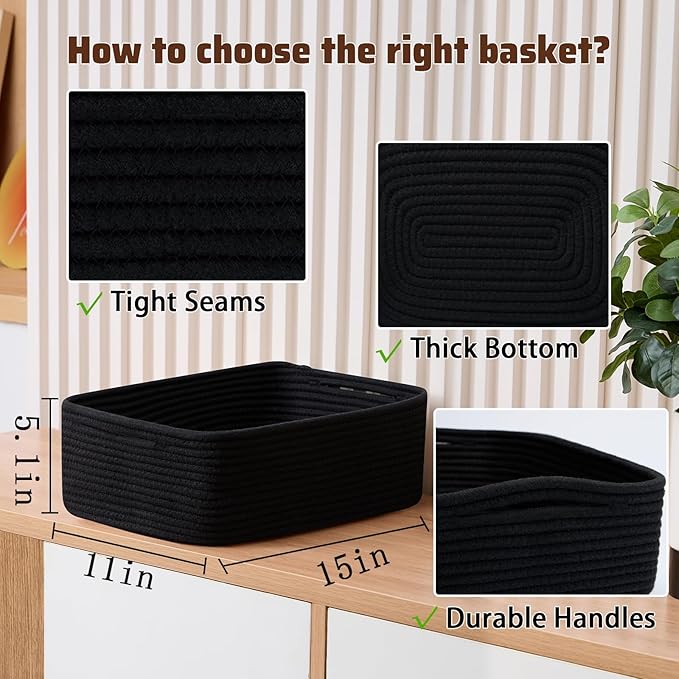 Large Shallow Organizing Baskets 15x11x5.1 Inches - Rope Woven Storage Bins for Bathroom, Shelves, Cube Closet, Black 4 Packs