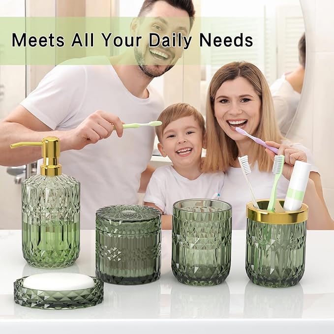 Green Glass Bathroom Accessories Set 5 Pcs, Green Bathroom Set, Soap Dispenser and Toothbrush Holder Set, Qtip Holder Set, Vintage Bathroom Sink Set, Cute Bathroom Decor