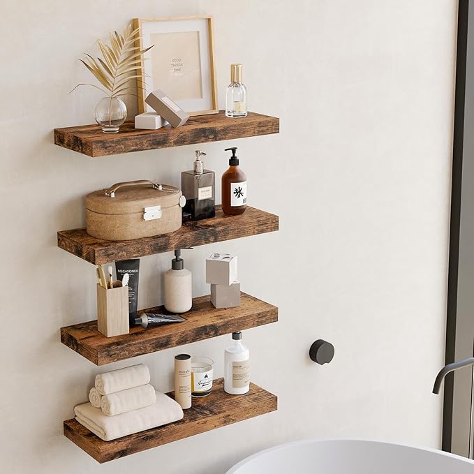 Fixwal 15.8in Wall Shelves, Rustic Wood Finish Floating Shelves Set of 4, Shelves for Wall Decor, with Invisible Brackets for Bathroom, Living Room,Bedroom and Kitchen(Rustic Brown) | Wall Shelves, for Bathroom, Living Room, Bedroom, Kitchen
