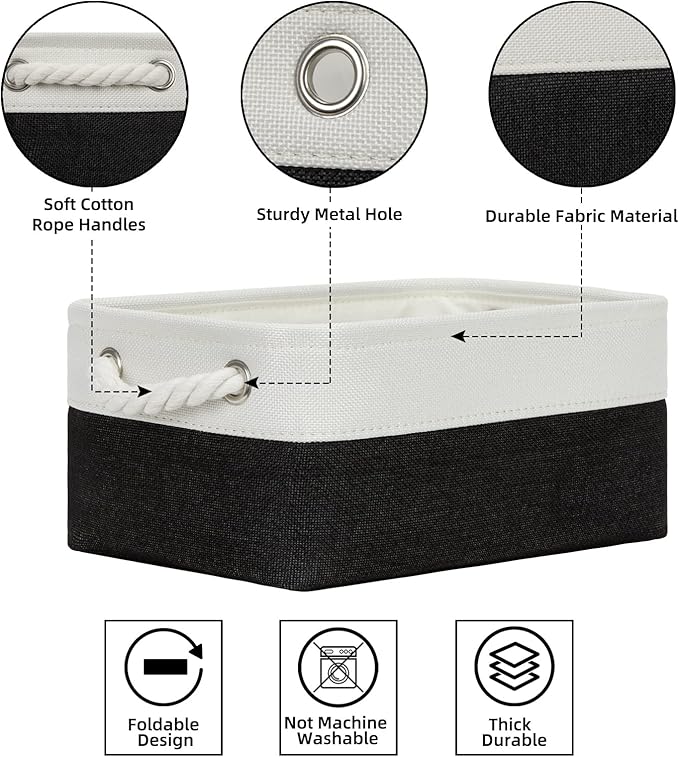 Bidtakay Small Canvas Storage Baskets with Handles Collapsible Rectangular Fabric Baskets for Dog Toys Small Toy Organizer Bins for Shelf Bookcase Linen Rectangle Bins for Nursery Baby Storage