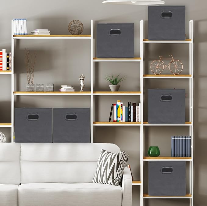 Simple Houseware Foldable Cube Storage Bins with Handles, 11-Inch, Dark Gray, 6-Pack, Fabric Cubes Organizer for Closet or Shelves