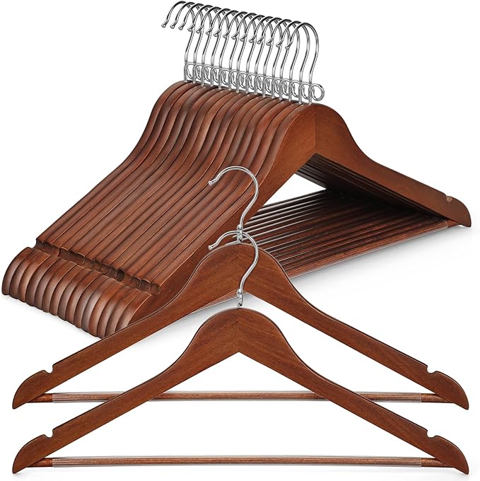 TOPIA HANGER Wooden Hangers 30 Pack, Space Saving Coat Hanger with 360° Swivel Cascading Loop Hook, Non Slip Pants Bar and Shoulder Notches for Camisole, Jacket, Suit (Walnut) -CT74WA30