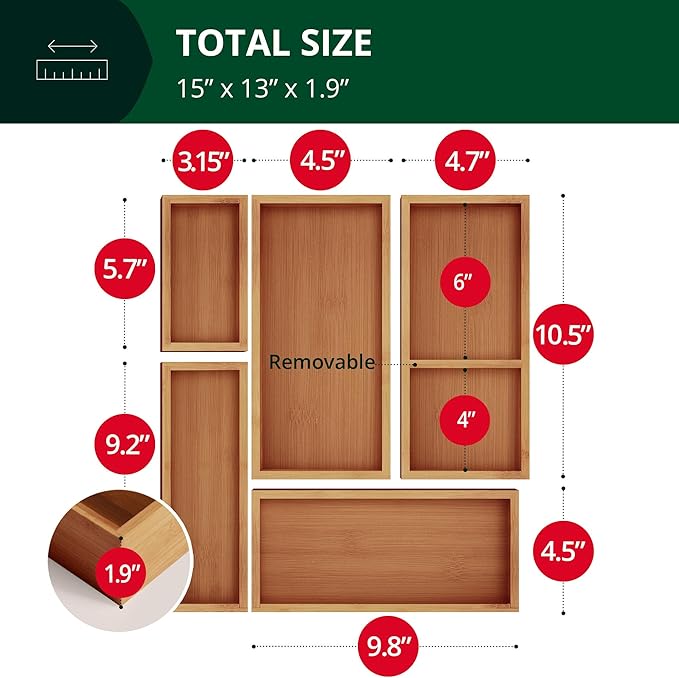 ROYAL CRAFT WOOD Premium Carbonized Bamboo Decorative Boxes - Drawer Organizer Set (5-Piece) – Wood Storage Boxes for Kitchen, Bathroom, Office & Makeup
