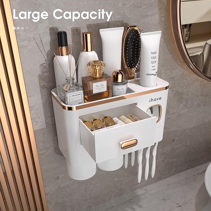iHave Toothbrush Holders Wall Mounted with Toothpaste Dispenser & 2 Cups - Premium White and Gold Design for Bathroom Decor, All-in-One Bathroom Organizers & Storage for Toothbrushes and Accessories