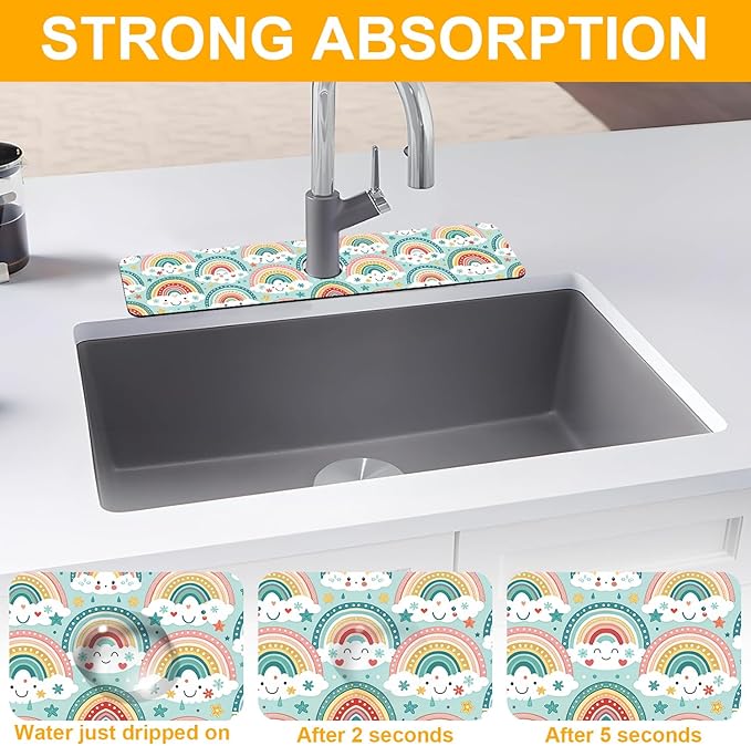 2 Pack Cute Rainbow Sink Splash Guard Faucet Mat Boho Rainbow Butterfly Super Absorbent Fast Drying Mat Sink Gadgets-Splash Guard Behind Faucet Drip Catcher for Kitchen Bathroom, 23.5"x5.5"