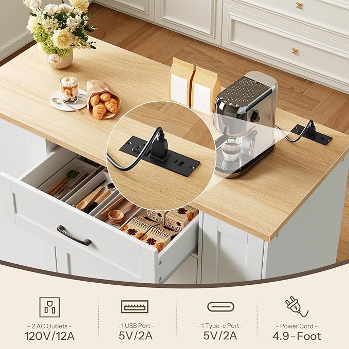 HOOBRO Kitchen Island with Trash Can Storage, Rolling Kitchen Island Cart with & Power Outlet, Island Table with Spice Rack & Drawer, for Kitchen, White and Natural WN20UZD01