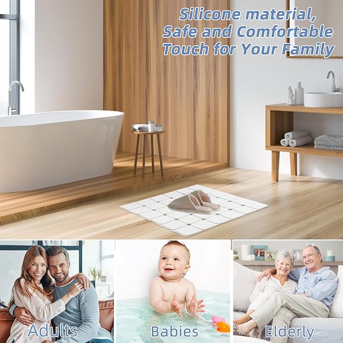 MEIMEIDE Shower Mat Non Slip 21"x21" Silicone Foldable Bath Mat with Suction Cups & Drain Holes, Odorless, Eco-Friendly & Durable, Machine Washable Shower Stall Mat for Adults, Seniors White