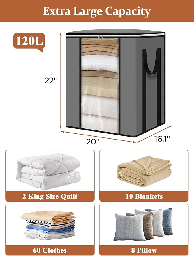 punemi 120L Blanket Storage Bags, Foldable Clothes Storage Organizer with Zipper, Reinforced Handle & Clear windows, Large Storage Bags for Blanket, Comforter, Bedding, Pillow, Clothes, 3Pack, Gray
