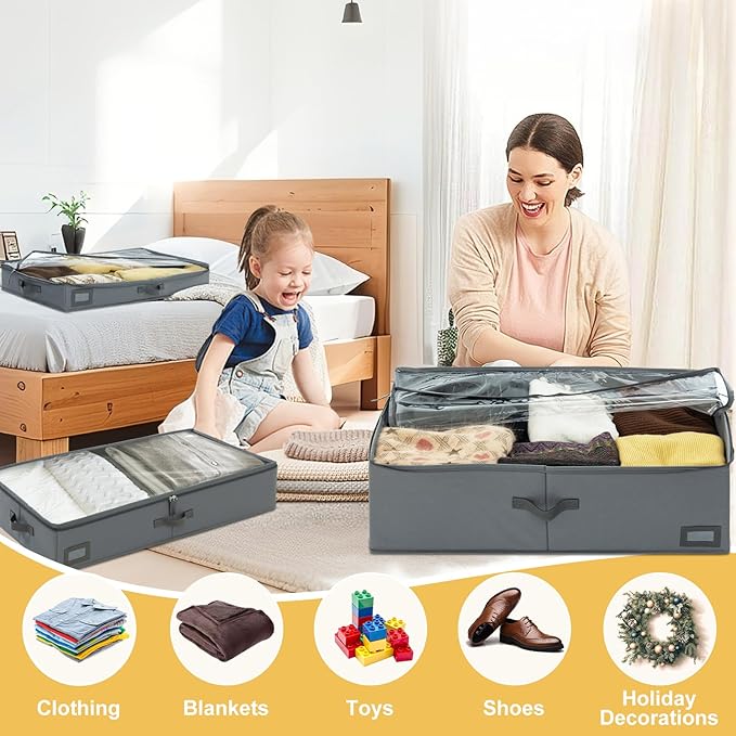 10-Inch Under Bed Storage Containers (2-Pack) | Sturdy Sidewalls | Clear Cover & Label Holder | Foldable Fabric Closet Bin Organizer | Stores Clothing/Blankets/Sweaters/Sheets