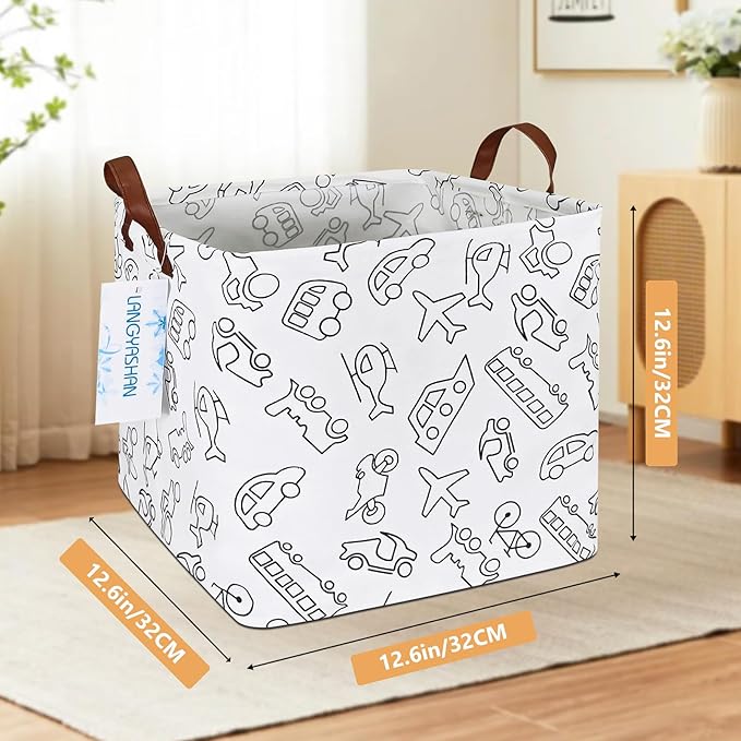 LANGYASHAN Square Storage Baskets Waterproof Canvas Children Laundry Nursery Hamper for Shelves Gift Baskets Toy Organizer Room Decor(Vehicle)