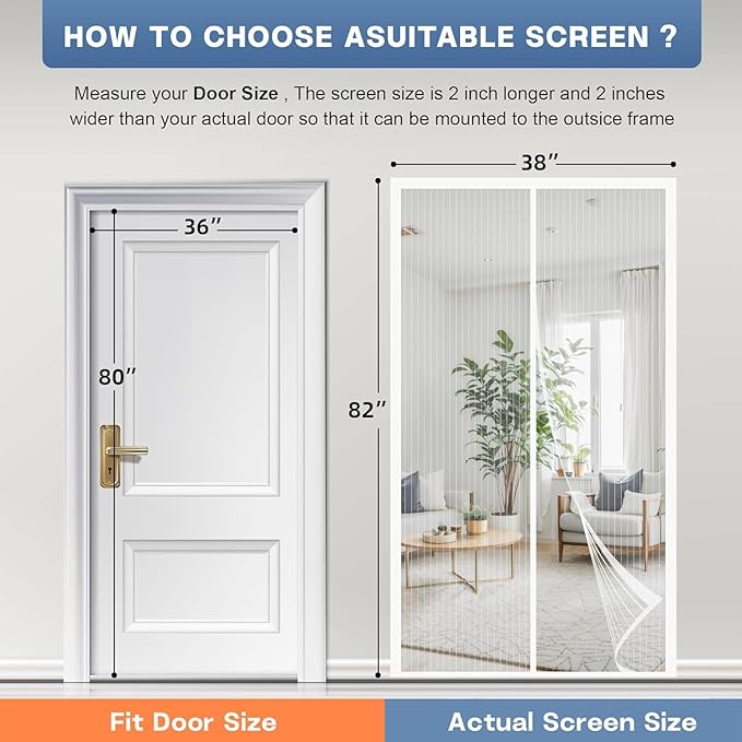 Magnetic Screen Door Mesh 38" x 82" - Fits 36" x 80" Door Size, Works for Patio, Sliding Door, Keeps Bug Mosquito Out, Fresh Air Flow, White