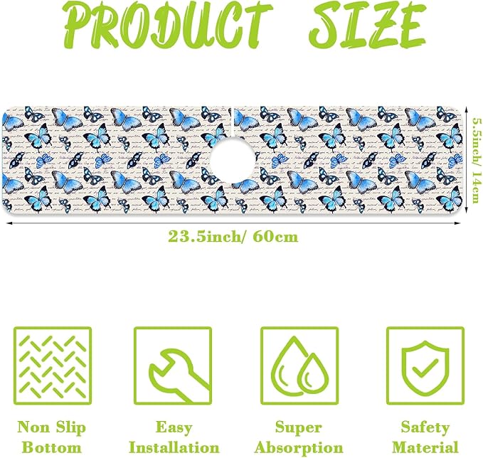 Sink Splash Guard Faucet Mat Watercolor Butterflies Absorbent Fast Drying Mat Sink Gadgets Splash Guard Behind Faucet Drip Catcher for Kitchen Bathroom 23.5"X5.5"