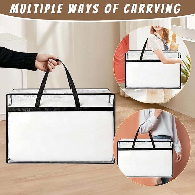 60L Clear Storage Bags Plastic Blanket Storage Bag Foldable Moving Organizers Containers with Zipper for Bedding Blanket Clothes Under Bed Holder - 4 Pcs