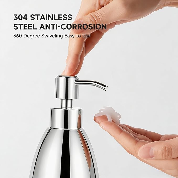 304 Stainless Steel Soap Dispenser 16oz Rust-Proof Liquid Soap Pump Bottle for Kitchen or Bathroom Countertop Hand Dish Lotion Leak-Proof (Mirror Stainless Steel)