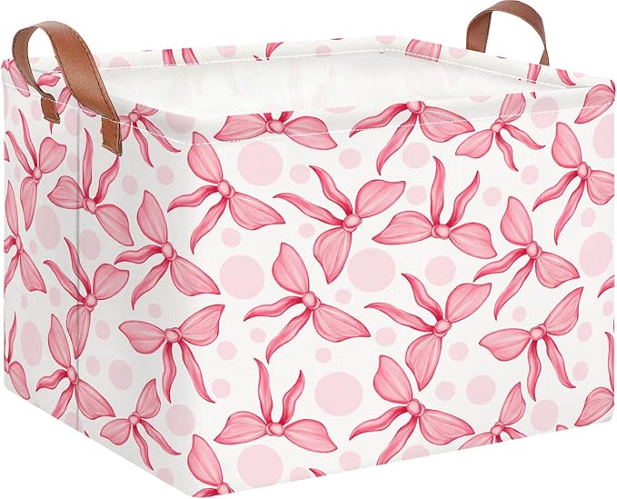 Rectangular Storage Basket Empty,Toys Storage Bin with Handles,Baby Room Decor,Gift Basket,Book Box(Pink Bowknot)