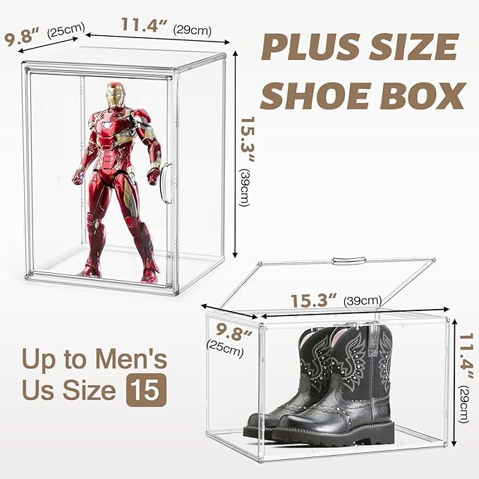 XX-Large Acrylic Display Case 11.4'' x 9.8'' x 15.3'', Boot Boxes for Tall Boots Size 15, Large Sneaker Shoe Box Clear Stackable Storage Boxes for Collectibles Handbag Organizer with Magnetic Lids