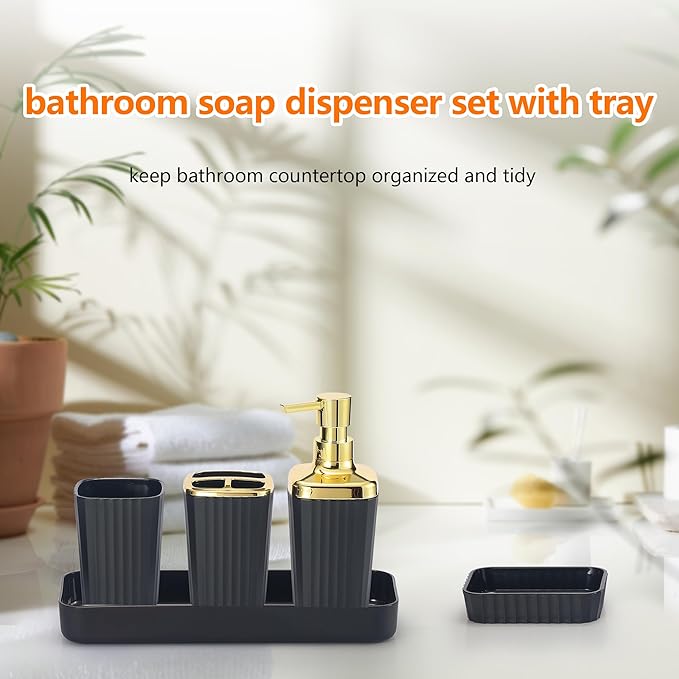 Black Bathroom Accessories Set,9 Piece Black Bathroom Accessory Set with Toothbrush Holder, Trash Can, Lotion Soap Dispenser, Toothbrush Cup, Vanity Tray, Soap Dish, Toilet Brush, Qtip Holder
