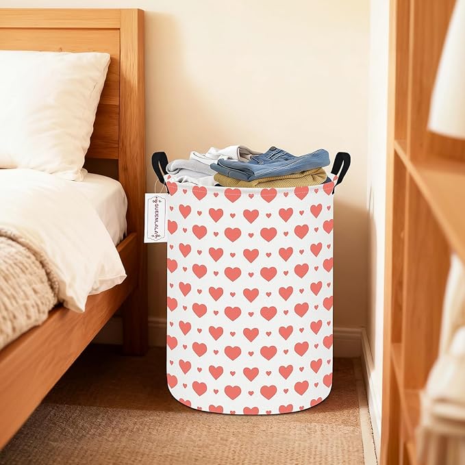 QUEENLALA Large Storage Basket,Laundry Hamper/Bathroom/Home Decor/Collapsible Round Storage Bin,Boys and Girls Hamper/Boxes/Clothing(Round-Pink Heart)