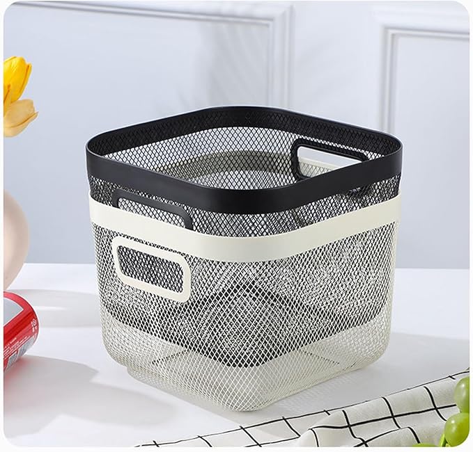 Metal Mesh Steel Baskets, Household Wire Storage Organizer Bin Garden Harvest Basket Multi-functional Fruit Baskets with Handles for Kitchen Bathroom Picnic Shopping Decor Cabinet Home, Beige