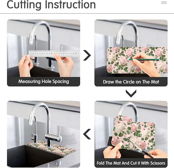 Pastel Pink Rose Bees Grey Butterflies Kitchen Sink Splash Guard Sink Faucet Mat Faucet Handle Drip Catcher Drain Mats for Kitchen Bathroom Countertop Absorbent Di